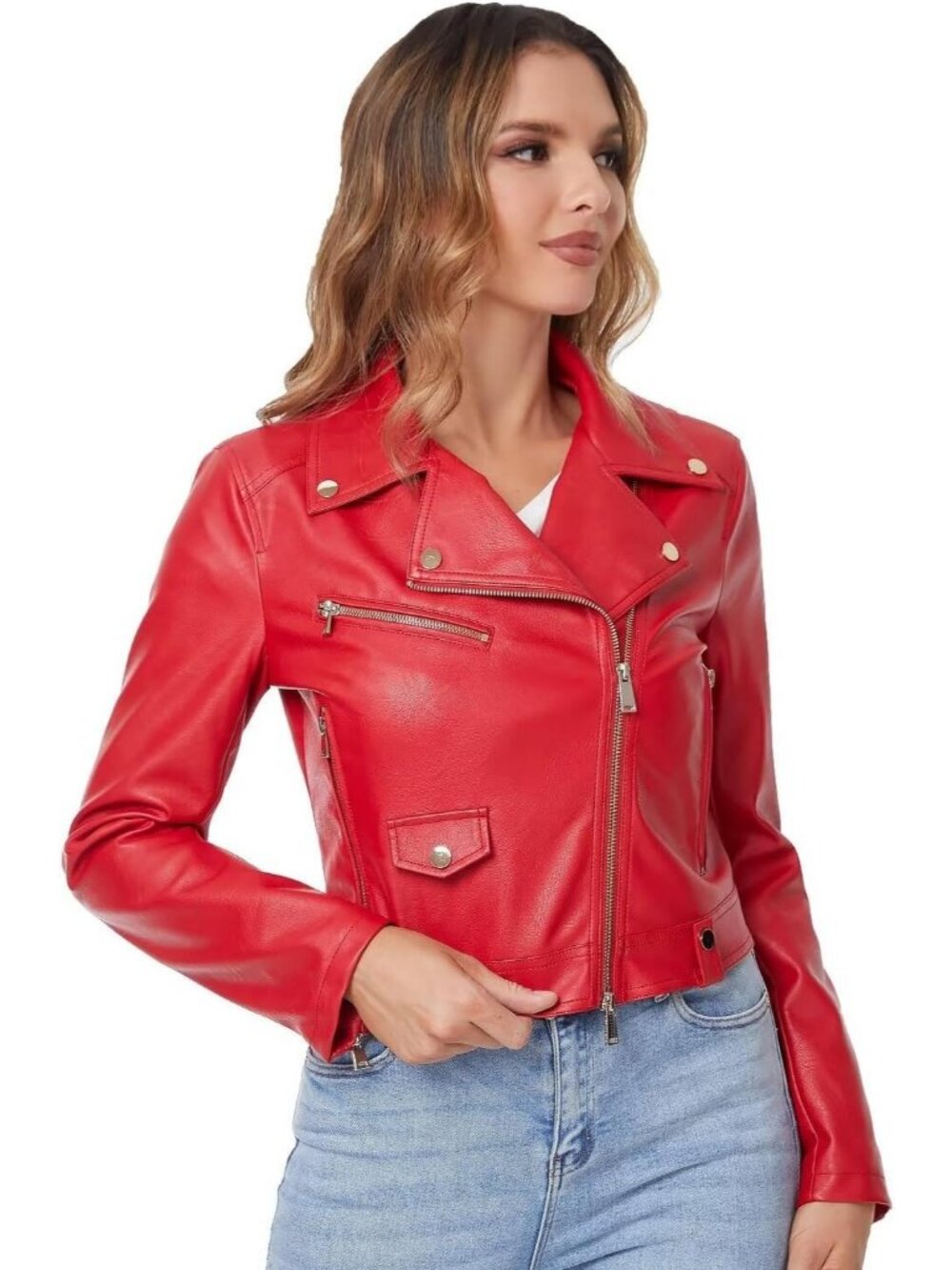 Women's Red Faux Leather Crop Short Cropped PU Slim Zip Up Moto Biker Jacket